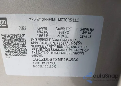 2022 Chevrolet Malibu Fwd Lt from USA, damaged, VIN 1G1ZD5ST3NF154960
